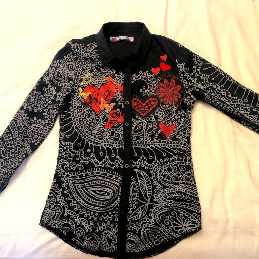 Beautiful pattern Desigual , gold and red embroidery , size xs